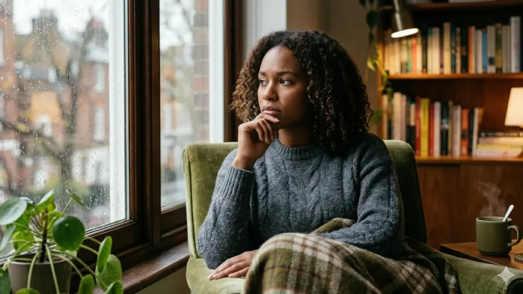 Persona mirando por la ventana en un momento de reflexión asociado a una pausa vital