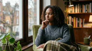 Persona mirando por la ventana en un momento de reflexión asociado a una pausa vital