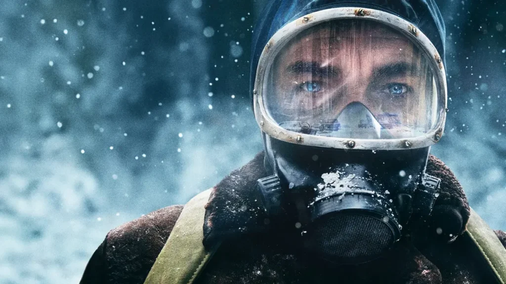 Personaje de El Eternauta con máscara en un entorno nevado y apocalíptico generado con IA generativa