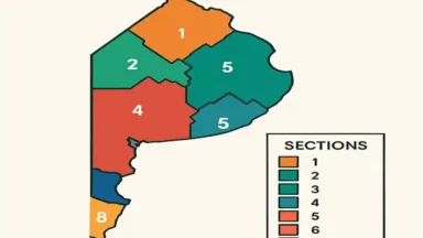 Mapa con la división de la Provincia de Buenos Aires en ocho secciones electorales para 2025