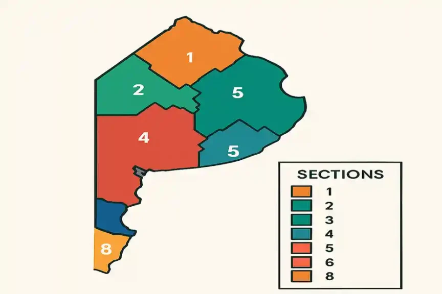 Mapa con la división de la Provincia de Buenos Aires en ocho secciones electorales para 2025
