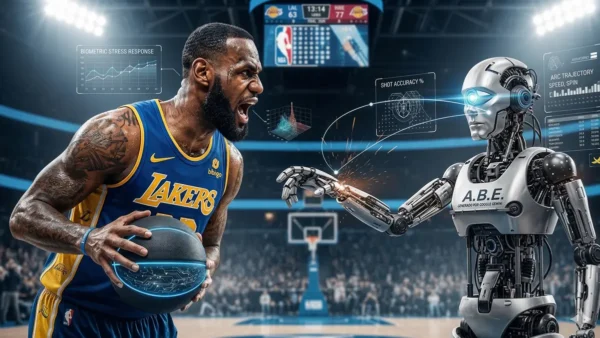 Jugador de baloncesto frente a un robot en una escena que representa la competencia por el Talento Tech en inteligencia artificial