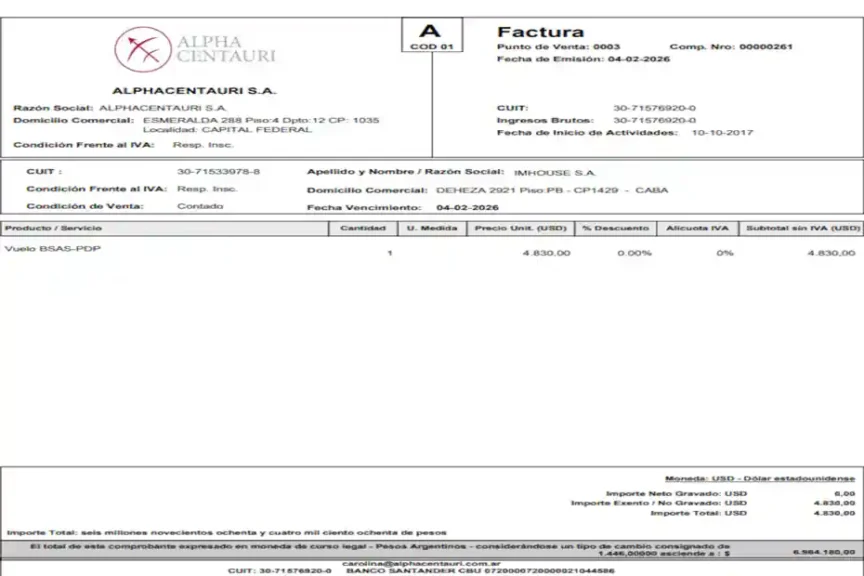 Facturas del vuelo de Manuel Adorni analizadas en la investigación judicial sobre su viaje a Punta del Este
