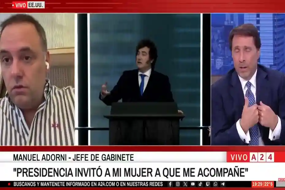 Manuel Adorni en conferencia de prensa defendiendo su viaje oficial. Manuel Adorni