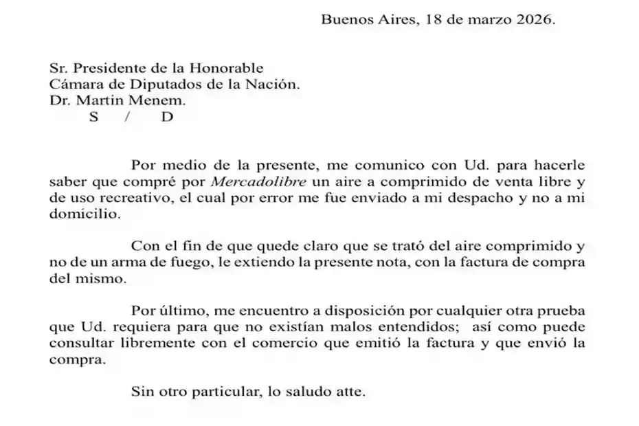 Nota enviada por Javier Sánchez Wrba a Martín Menem tras el envío de un rifle al Congreso