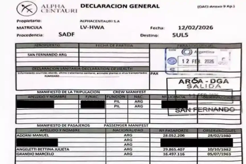 Documento del vuelo privado que vincula a Manuel Adorni con viaje a Punta del Este