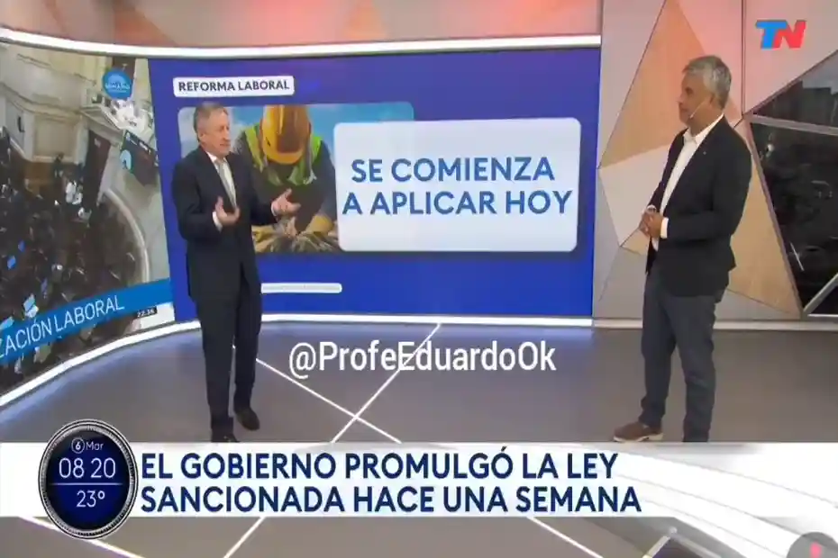 Mario Massaccesi y Adrián Ventura en el piso de TN analizando la reforma laboral.