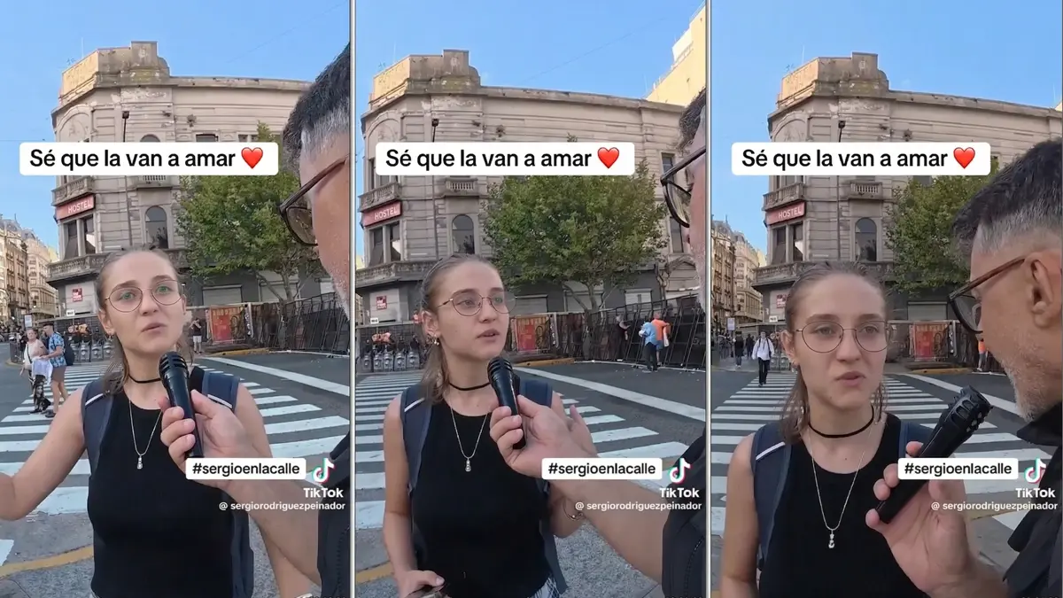Sergio Rodríguez entrevistando a una joven estudiante de la UBA en la calle.