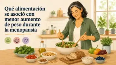 Alimentación en la menopausia con frutas, verduras, legumbres y granos integrales, según un estudio científico.