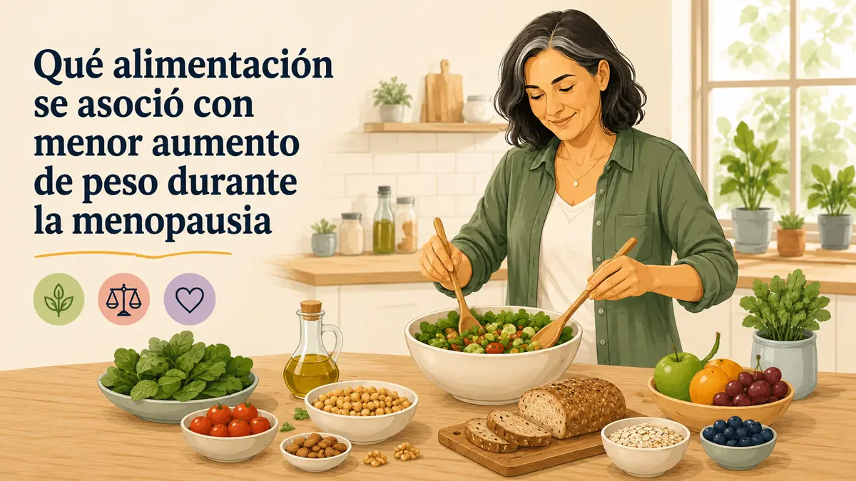 Alimentación en la menopausia con frutas, verduras, legumbres y granos integrales, según un estudio científico.