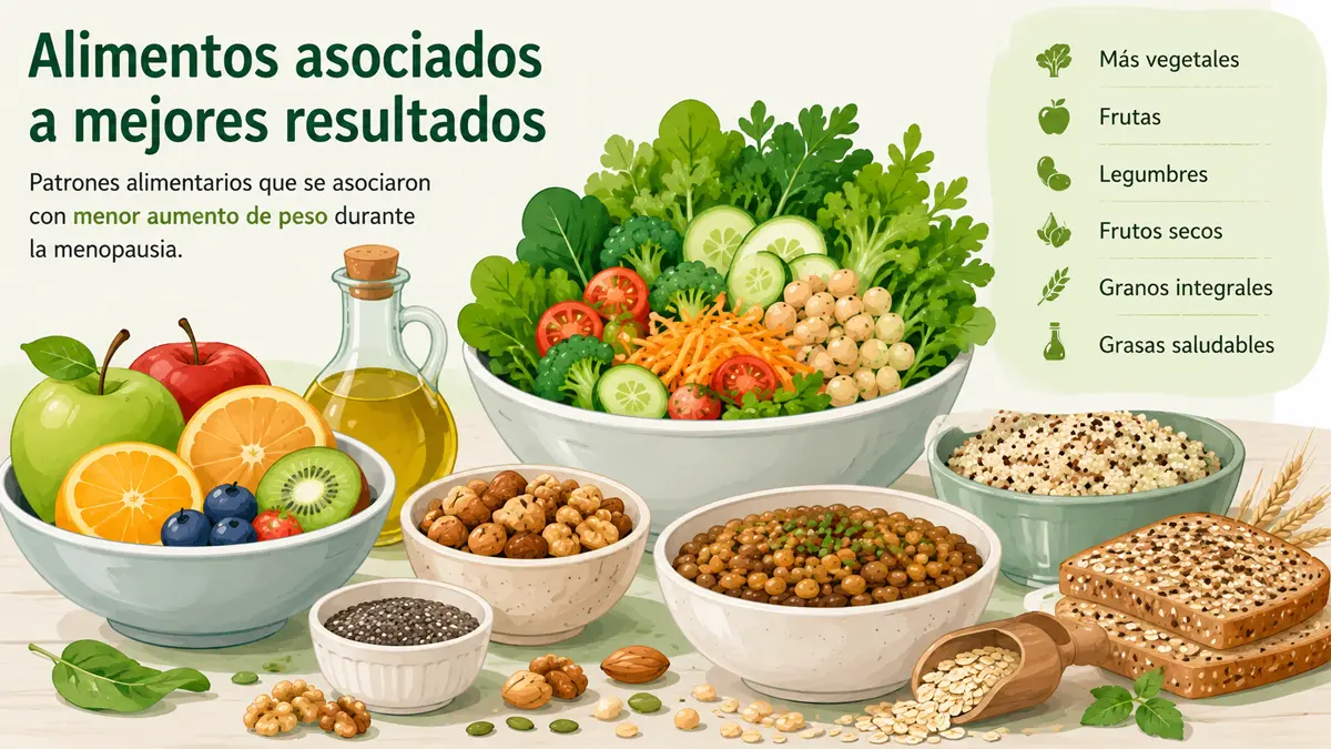 Ilustración de frutas, verduras, legumbres y frutos secos asociados a mejores resultados durante la menopausia