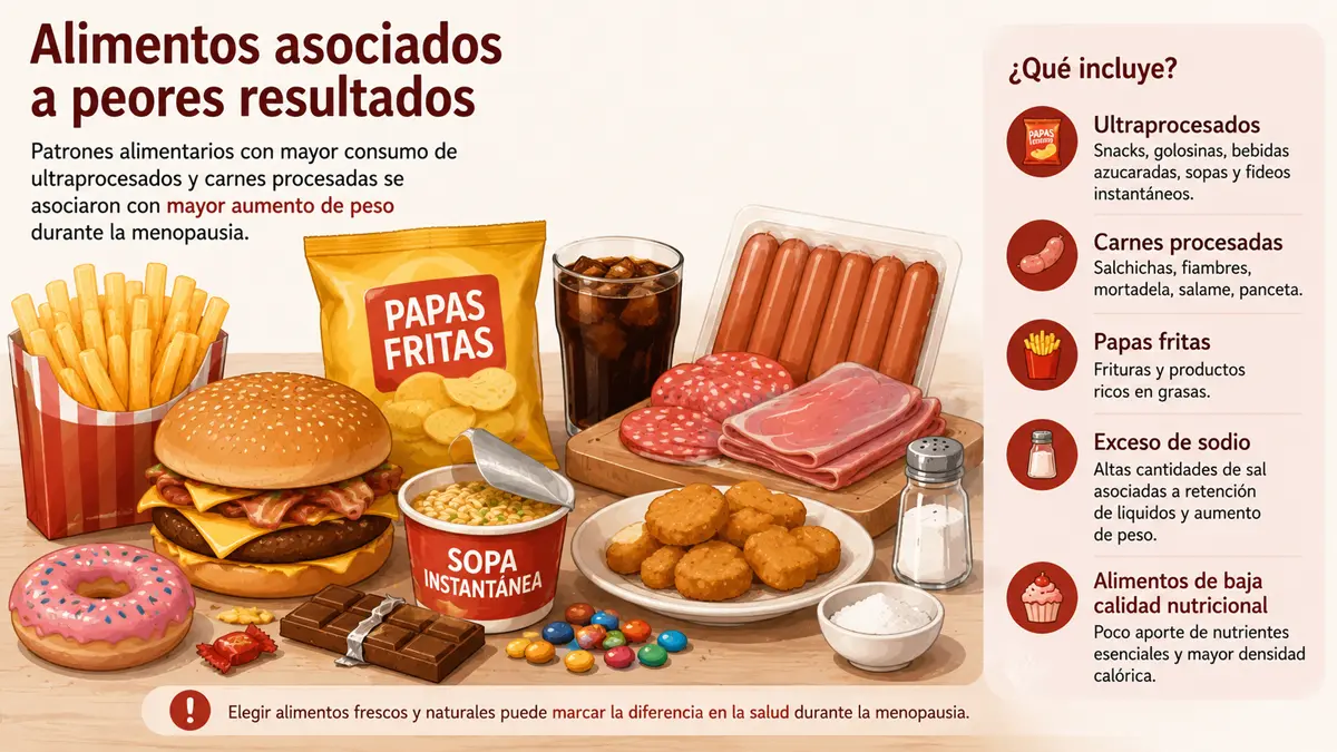 Dibujo de ultraprocesados, papas fritas y carnes procesadas asociados a peores resultados en el estudio.
