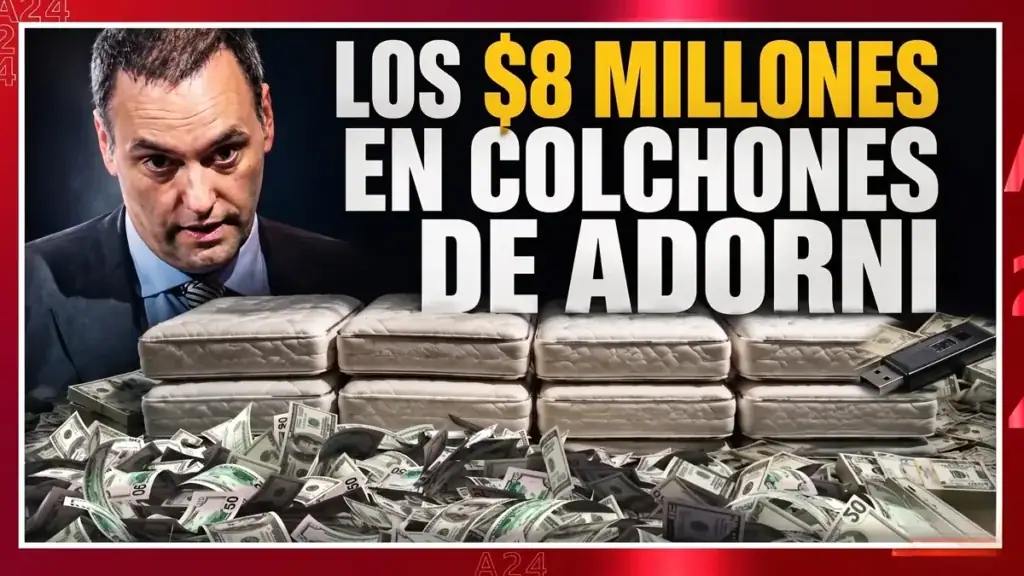 Factura de 8 millones en el caso Adorni ilustrada con colchones y dólares.