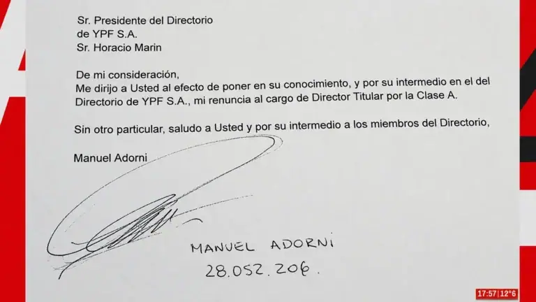 Se conoció la carta de renuncia de Manuel Adorni al directorio de YPF